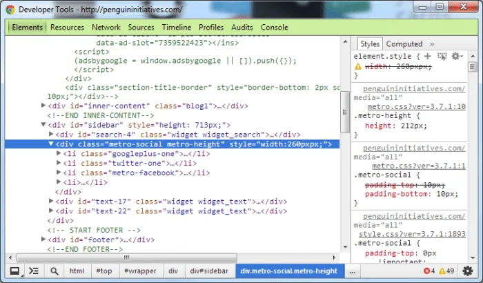 Inspect Element of WordPress Plugin in Google Chrome Browser Viewing Code Screenshot