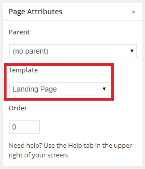 WordPress Page Attributes "Landing Page" Template