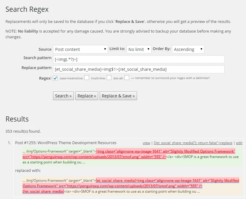 Search Regex plugin screenshot showing a replace pattern that wraps a shortcode around every image tag