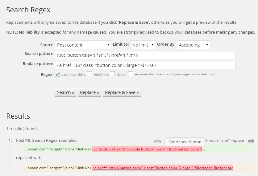 Search Regex plugin screenshot showing a replace pattern that converts shortcode style buttons into HTML anchor buttons