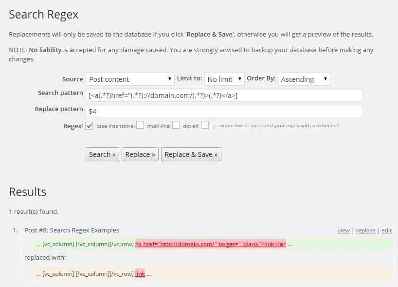Search Regex plugin screenshot showing a search and replace pattern that strips links pointing to a specific domain while keeping the anchor text