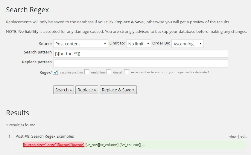 Search Regex plugin screenshot showing a search pattern that matches an entire button shortcode